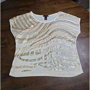 Material Girl XL Sequin Embellished Ivory Top With Gold & Silver Accents